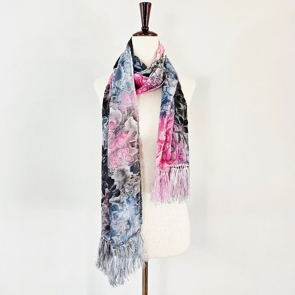 Y2k Velvet Burnout Scarf Pink Black Festival Wear Boho Fringe - Picture 3 of 5